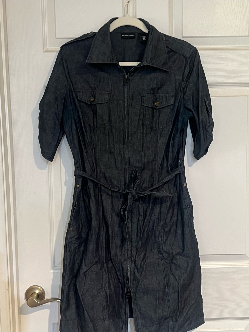 New York & Company Black Denim Midi Shirt Dress with Tie Belt